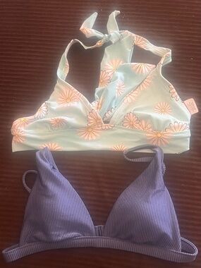 Floral Halter Bikini Top and Ribbed Triangle Swim Top - Aqua and  blue.  For 2
